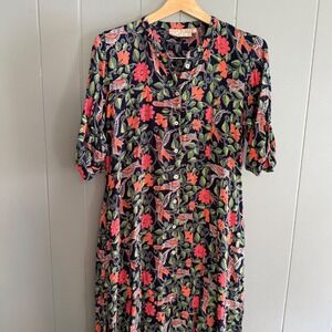 Utsa Boho bird floral midi dress viscose India Utsa XL button front